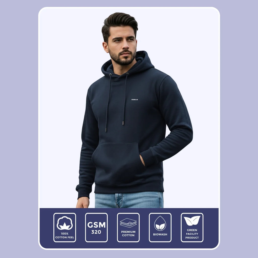 Excello Men’s Premium  Hoodie | Heavyweight Cotton | Bio-Washed Winter Pullover Hoodies