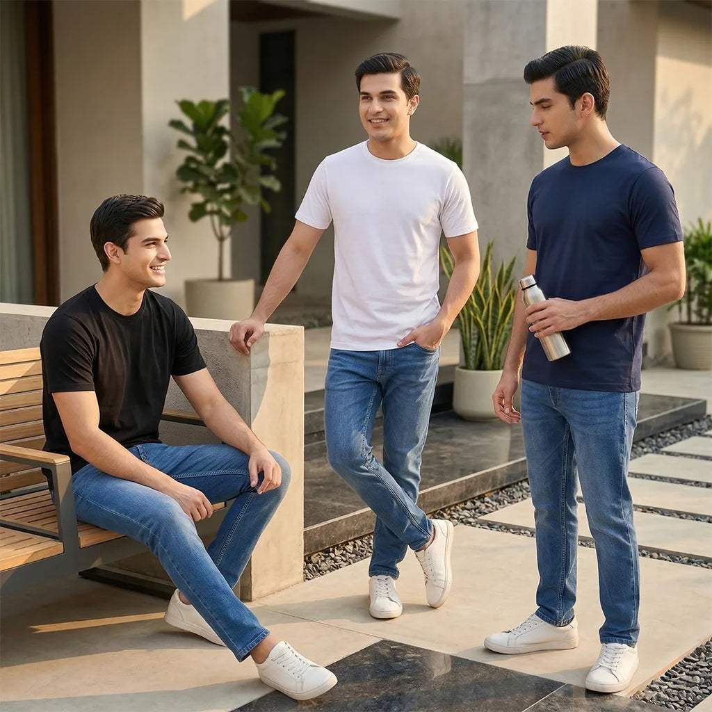 Premium Men’s Round Neck Pure Cotton T-Shirt Combo – 180 GSM Biowashed Regular Fit Half Sleeve Tees (Pack of 3)