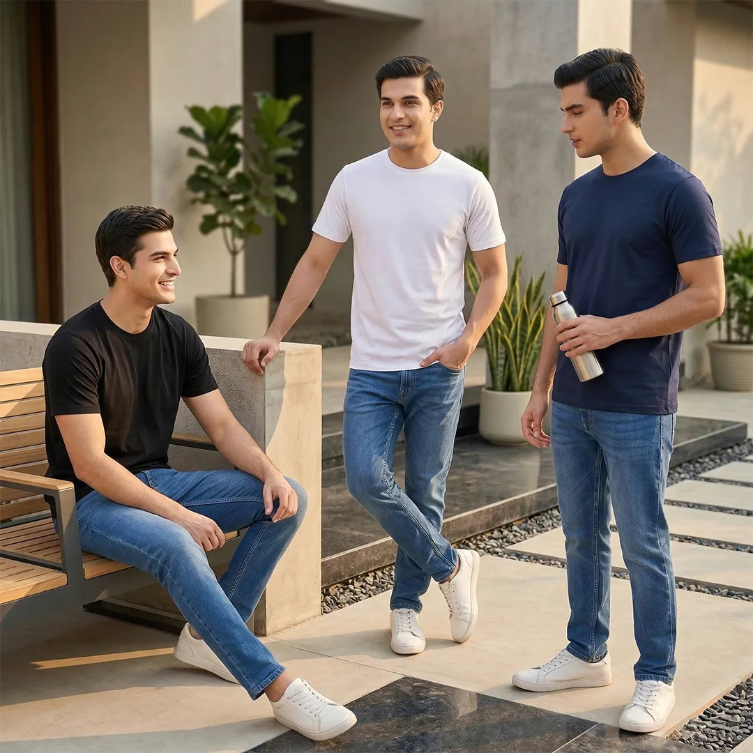 Premium Men’s Round Neck Pure Cotton T-Shirt Combo – 180 GSM Biowashed Regular Fit Half Sleeve Tees (Pack of 3)