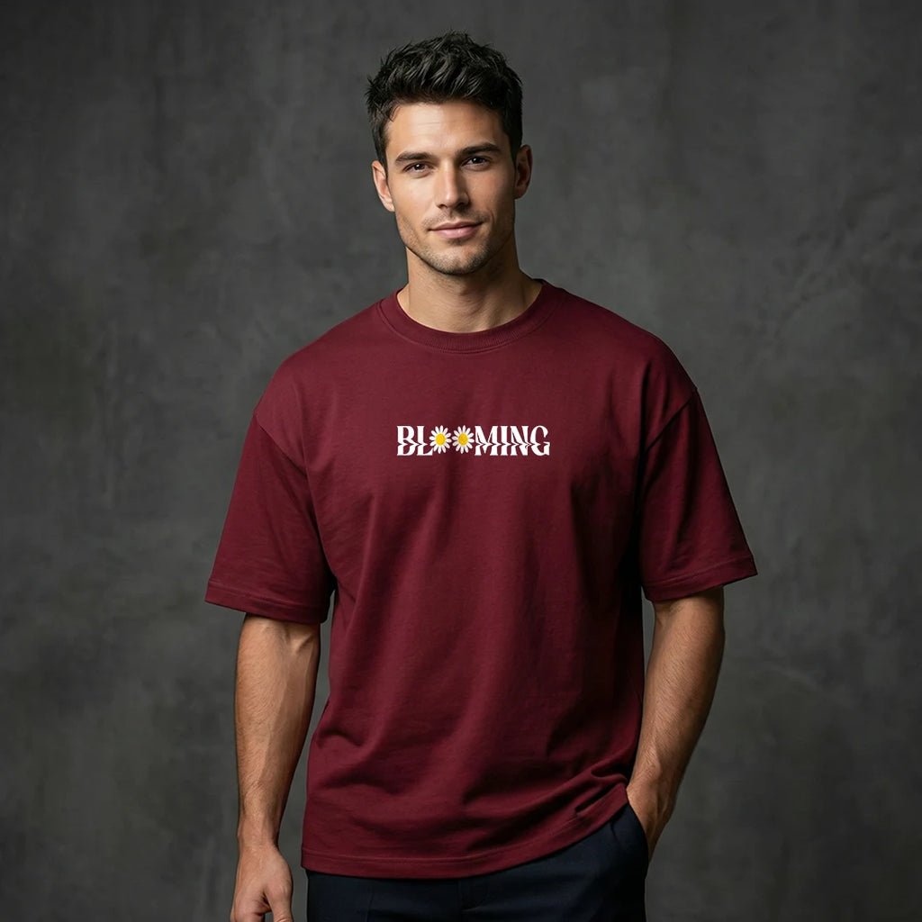 Retro "Blooming Flowers" Graphic Oversized T-Shirt – Premium Wine Colour