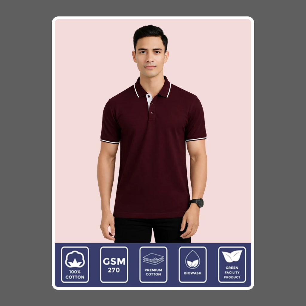 Men’s Premium Polo T-Shirt with Contrast Tipping | 270 GSM | Regular Fit Cotton Pique | Smart Casual & Office Wear