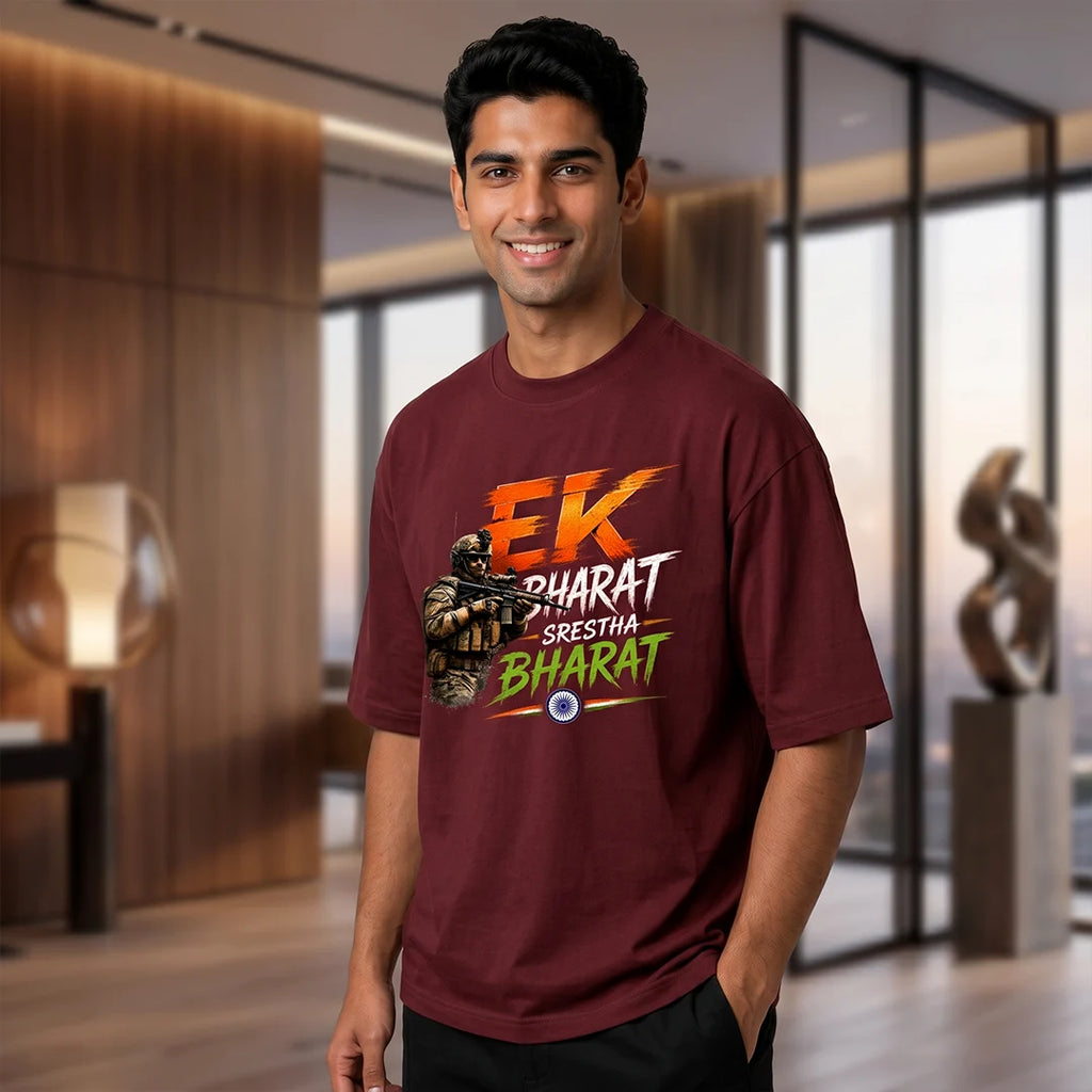 Men's "Ek Bharat Srestha Bharat" Oversized Graphic T-Shirt - 240 GSM Pure Cotton, Bio-Washed
