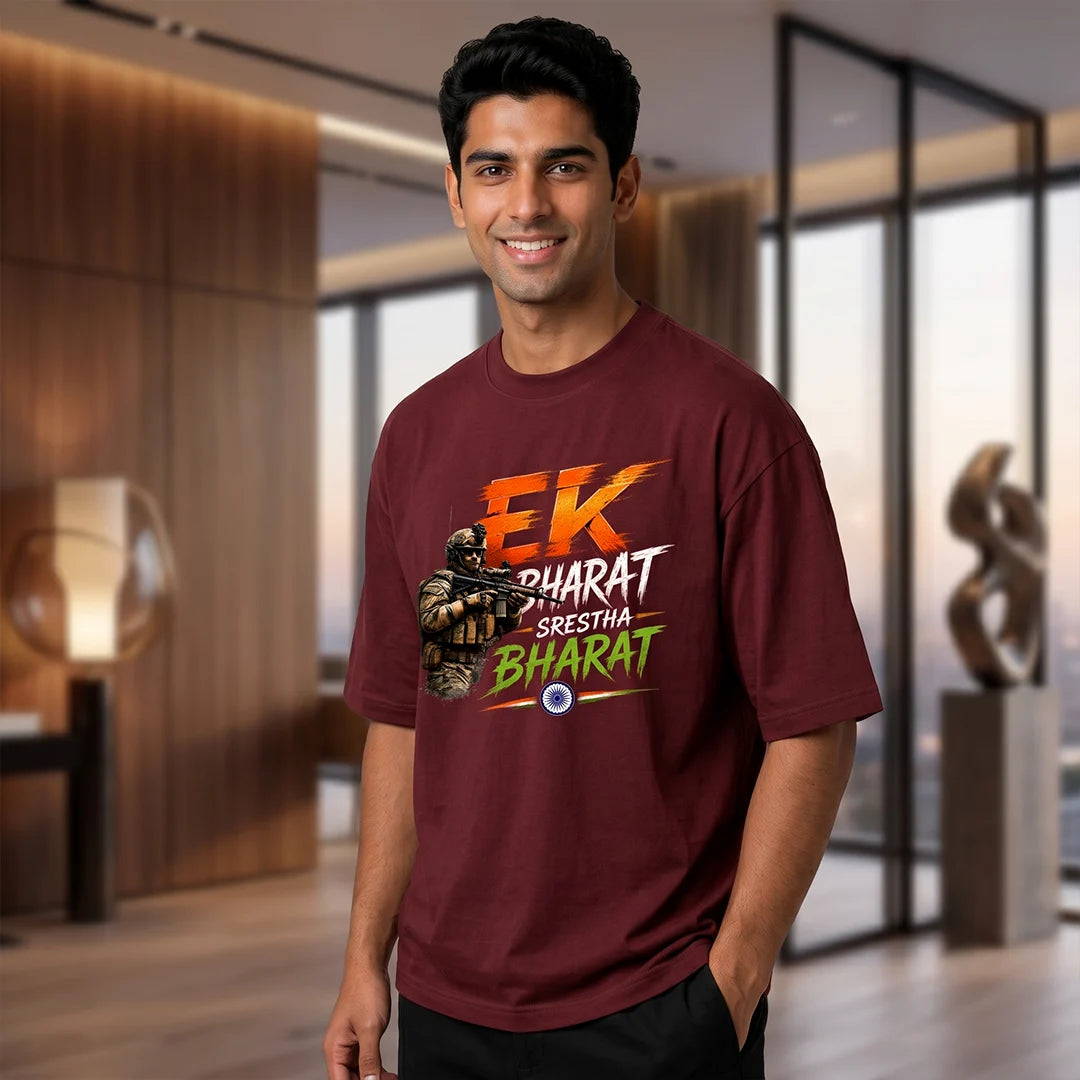 Men's "Ek Bharat Srestha Bharat" Oversized Graphic T-Shirt - 240 GSM Pure Cotton, Bio-Washed
