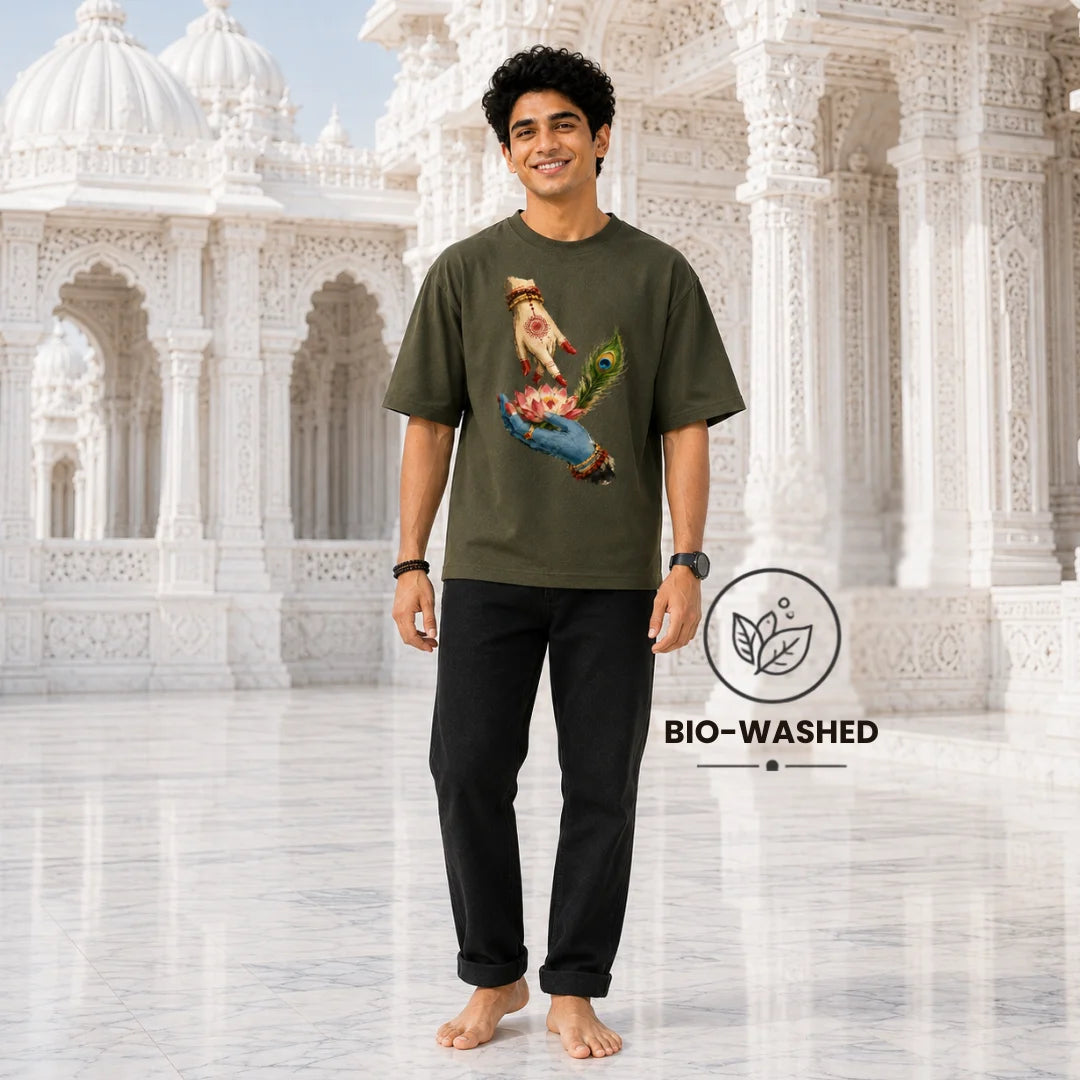 Excello Men's Divine Radha Krishna Lotus Graphic Oversized T-Shirt - 240 GSM Pure Cotton, Bio-Washed