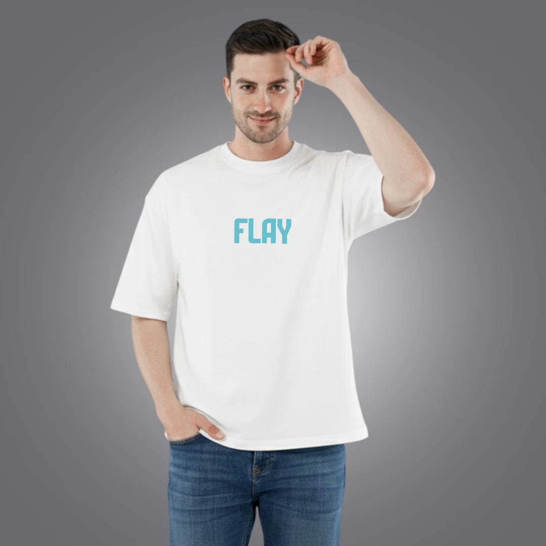 FLAY Men's Premium Oversized Graphic T-Shirt – 100% Rich Cotton, 220 GSM Heavyweight White Tee with Bird Back Print