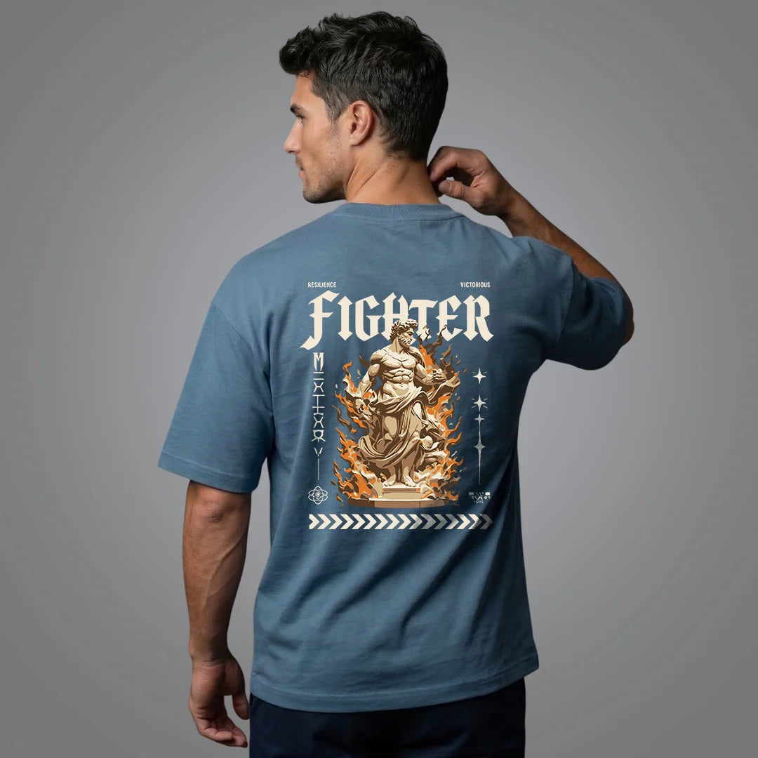 "Victorious Fighter" Graphic Oversized T-Shirt – Steel Blue