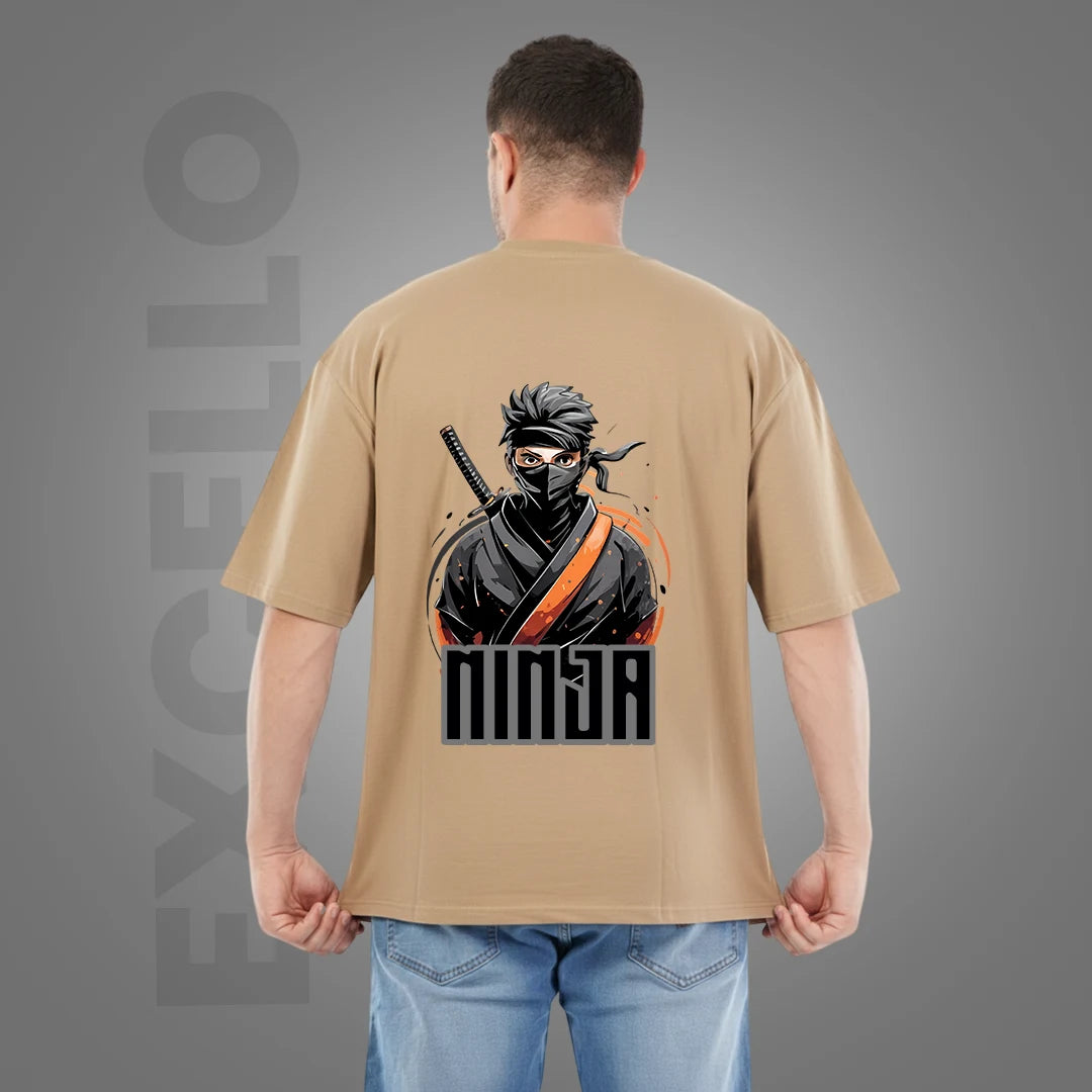 Men’s Ninja Warrior Graphic Oversized T-Shirt – Beige