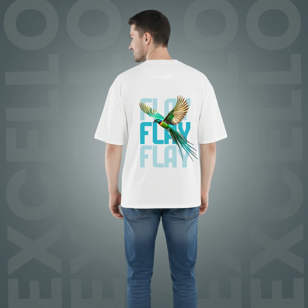 FLAY Men's Premium Oversized Graphic T-Shirt – 100% Rich Cotton, 220 GSM Heavyweight White Tee with Bird Back Print
