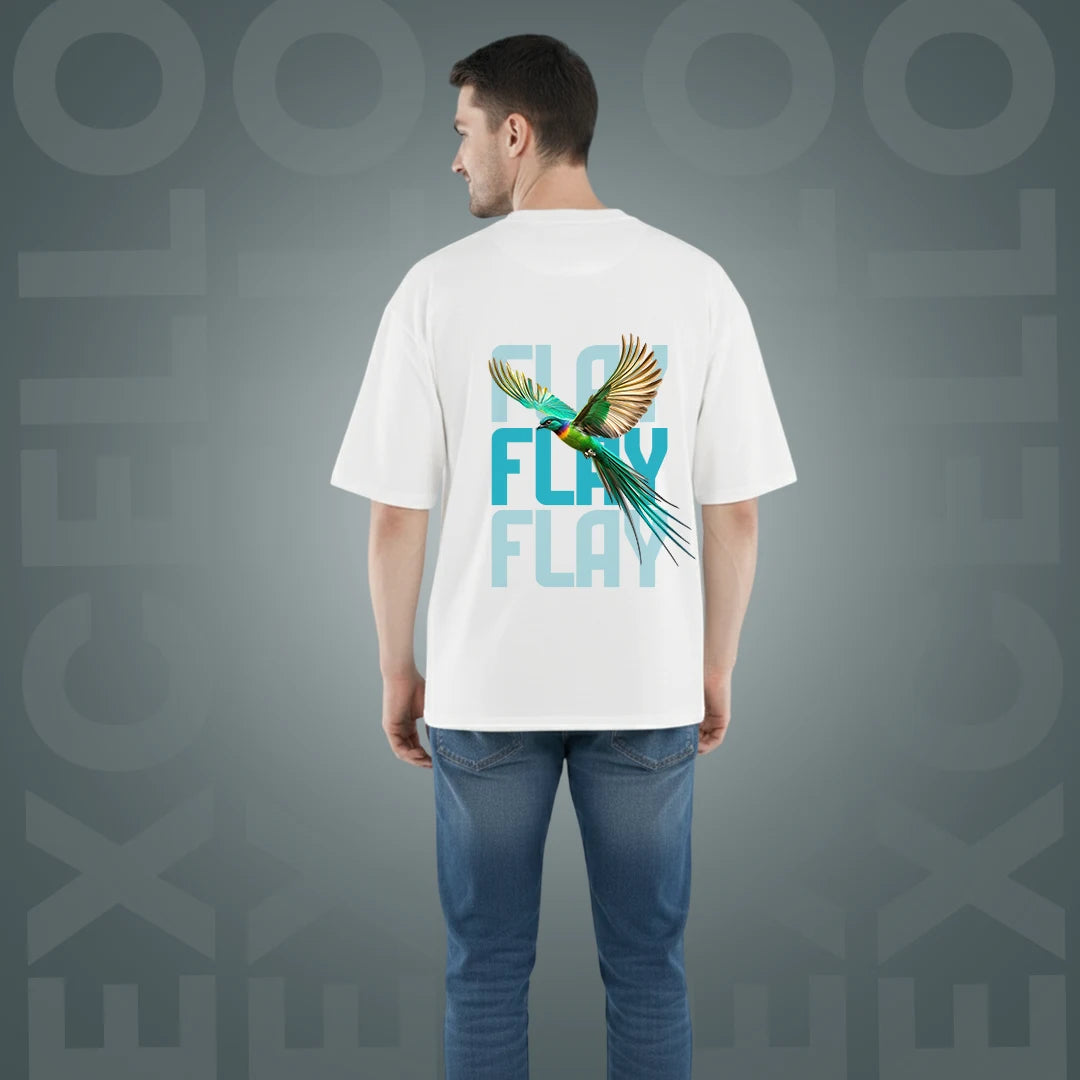 FLAY Men's Premium Oversized Graphic T-Shirt – 100% Rich Cotton, 220 GSM Heavyweight White Tee with Bird Back Print