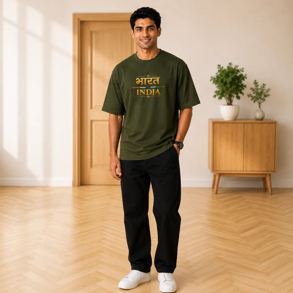 Men's "Bharat - India" Premium Oversized Graphic T-Shirt - 240 GSM Pure Cotton, Bio-Washed