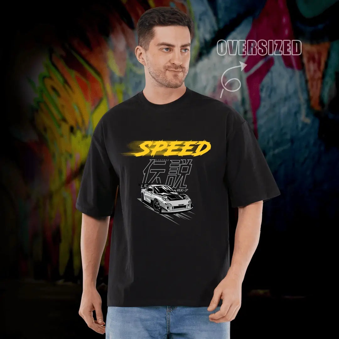 Oversized Black T-Shirt for Men with Speed Car Print