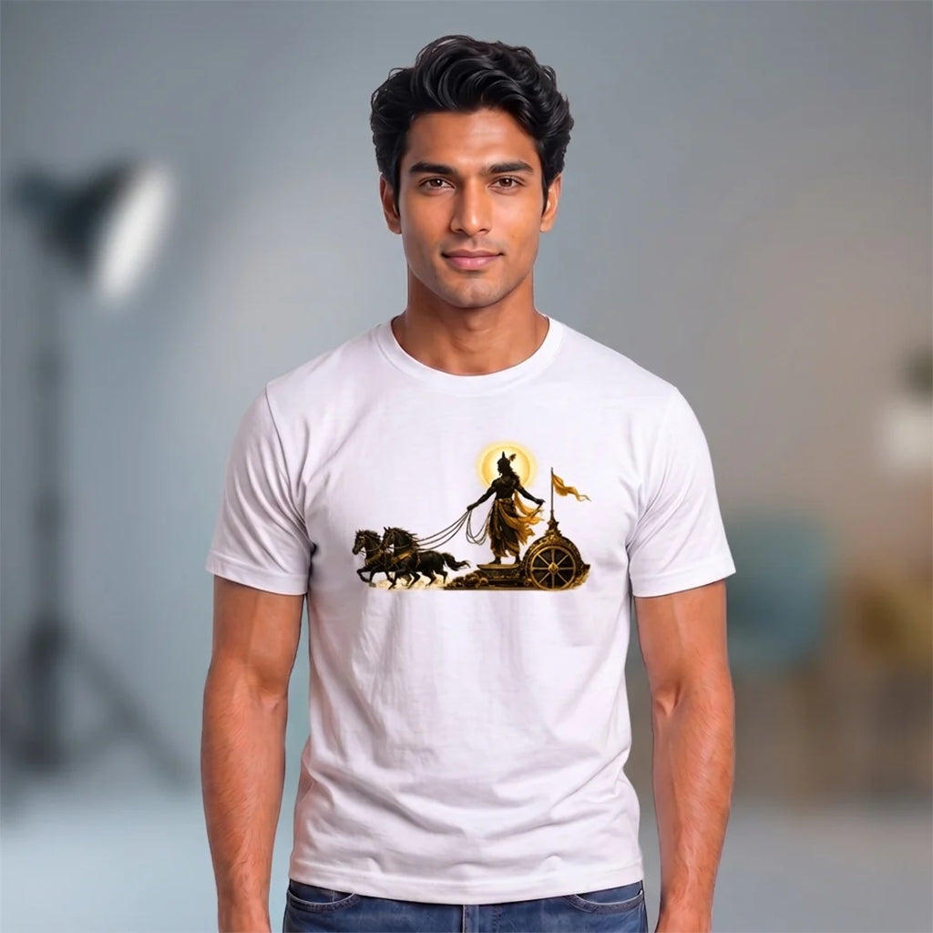 Men's Pure Cotton Regular Fit Lord Krishna Chariot Printed T-Shirt | 180 GSM Bio-Washed Bhagavad Gita Graphic Tee