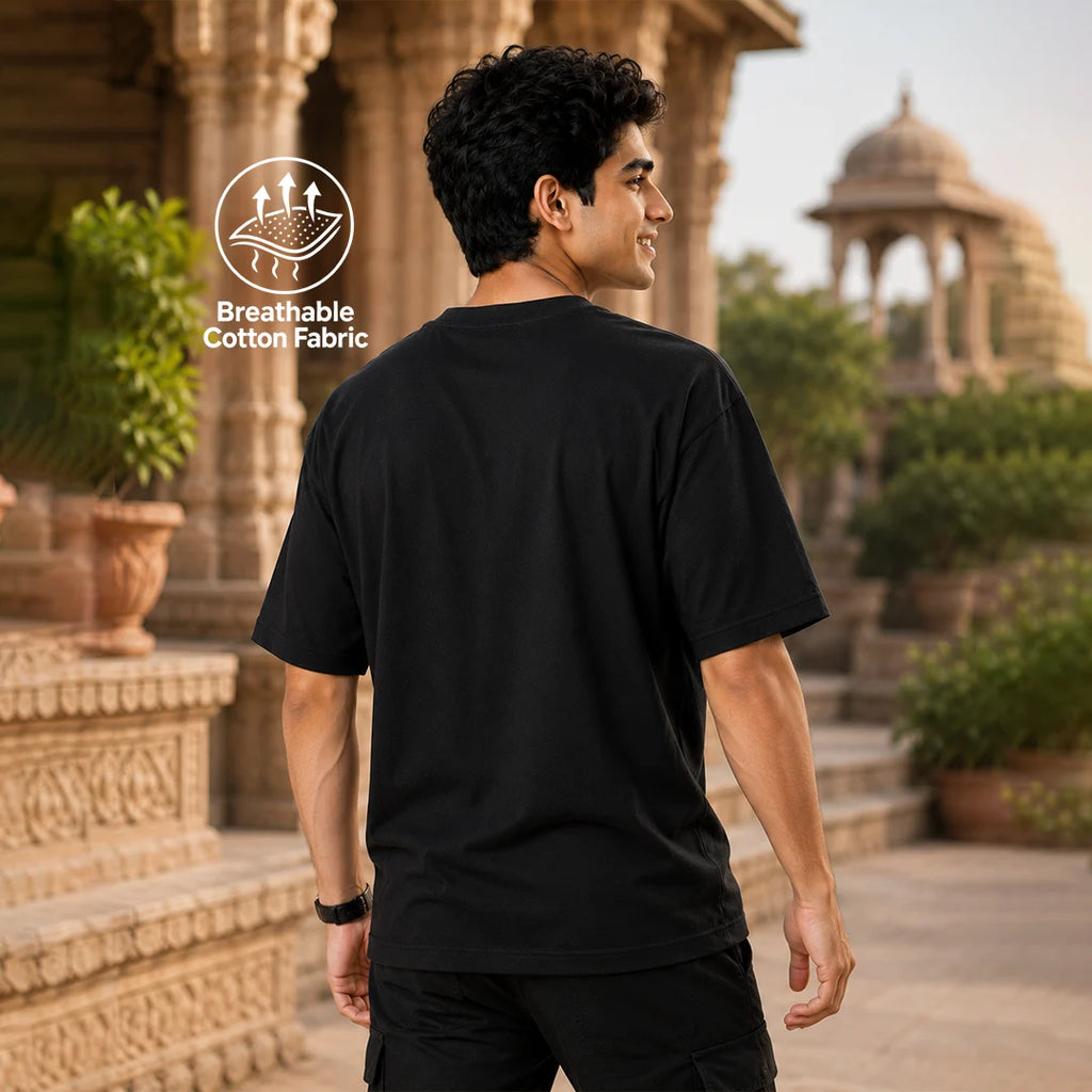 Excello Men's Radha Krishna Line Art Graphic Oversized T-Shirt - 240 GSM Pure Cotton, Bio-Washed
