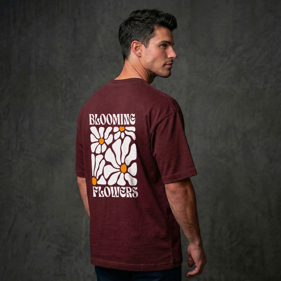 Retro "Blooming Flowers" Graphic Oversized T-Shirt – Premium Wine Colour