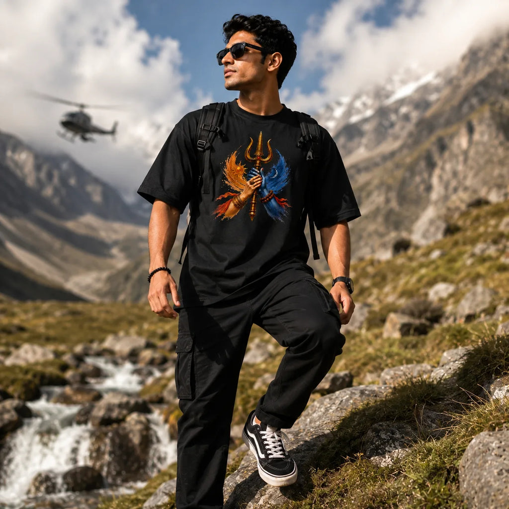 Excello Men's Shiva Shakti Trishul Graphic Oversized T-Shirt - 240 GSM Pure Cotton, Bio-Washed