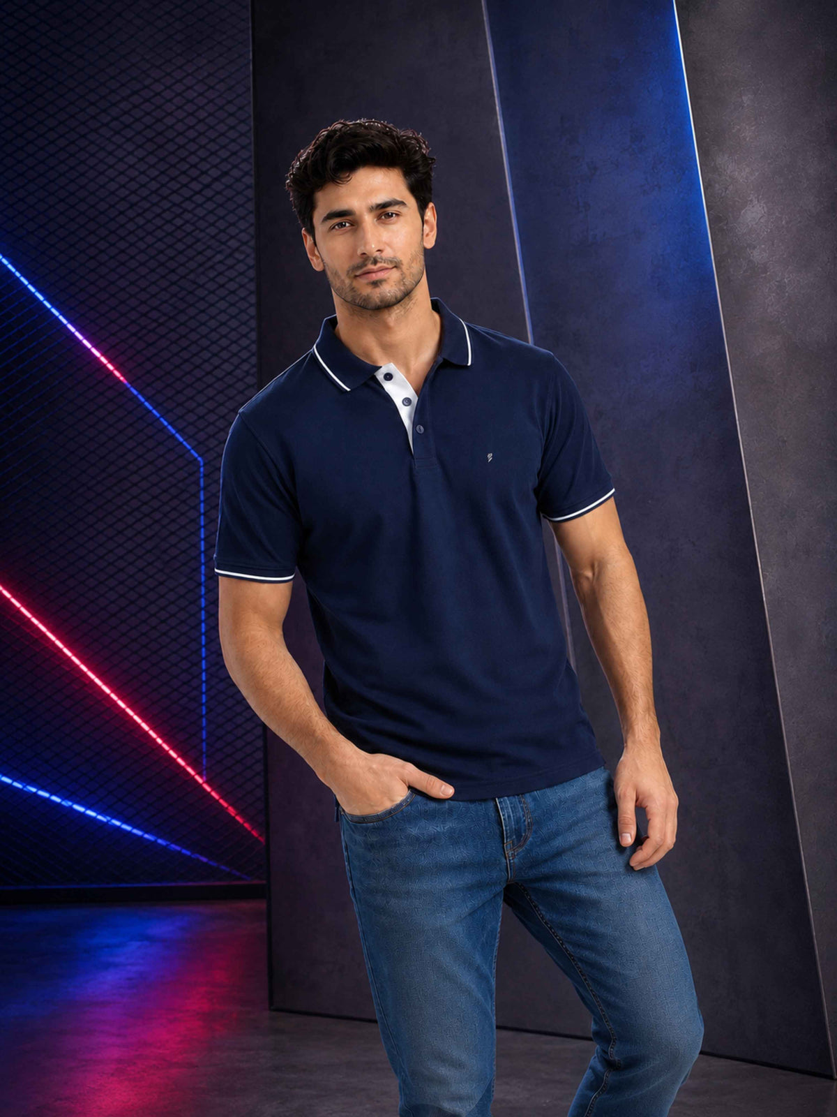 Premium 270 GSM Pure Cotton Biowash Tipping Polo T-Shirt - Heavyweight & Breathable - Navy Blue