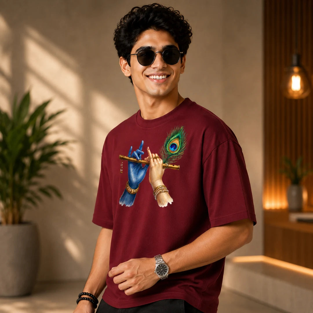 Excello Men's Divine Krishna Flute Graphic Oversized T-Shirt - 240 GSM Pure Cotton, Bio-Washed