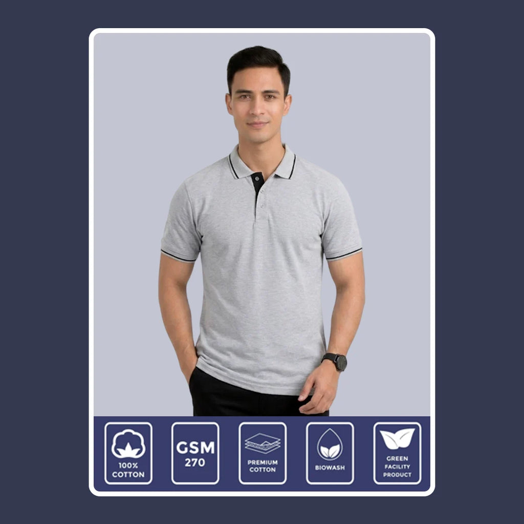Men’s Premium Polo T-Shirt with Contrast Tipping | 270 GSM | Regular Fit Cotton Pique | Smart Casual & Office Wear