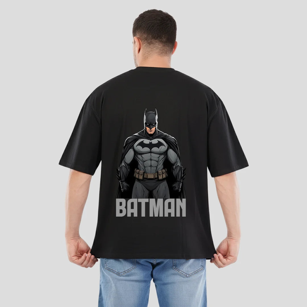Men's Black Oversized Batman Graphic T-Shirt - 240 GSM Pure Cotton Biowashed Streetwear