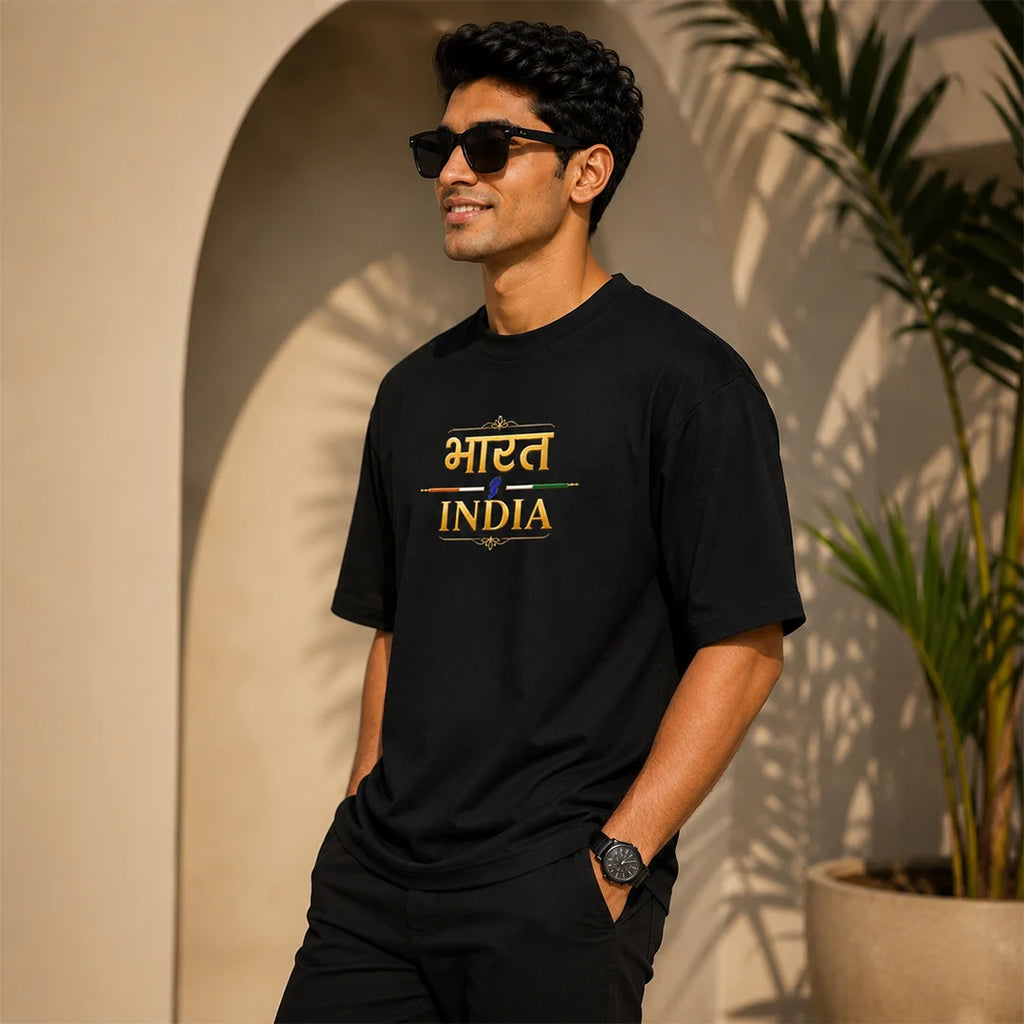 Men's "Bharat - India" Premium Oversized Graphic T-Shirt - 240 GSM Pure Cotton, Bio-Washed