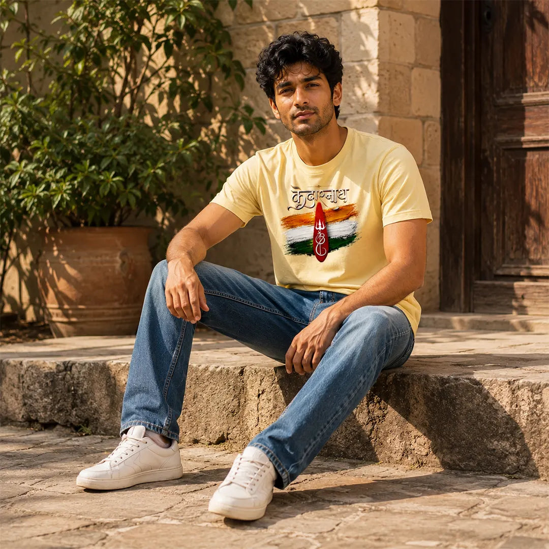 Men's Pure Cotton Regular Fit Kedarnath Tricolor Printed T-Shirt | 180 GSM Bio-Washed Spiritual Graphic Tee