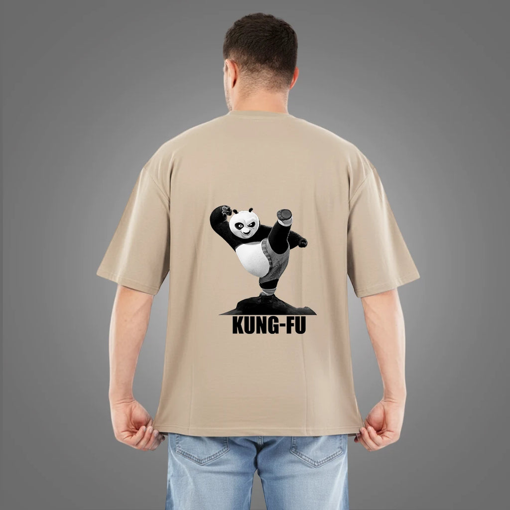 Men's "Kung Fu Panda" Oversized Graphic T-Shirt – 100% Rich Cotton, 220 GSM Streetwear Tee – Beige