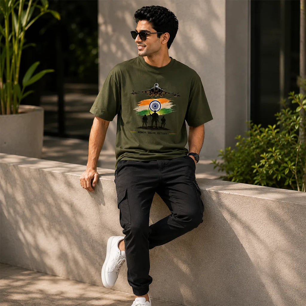 Men's Oversized Graphic T-Shirt - "Guardians of the Skies" IAF Tribute, 240 GSM Pure Cotton