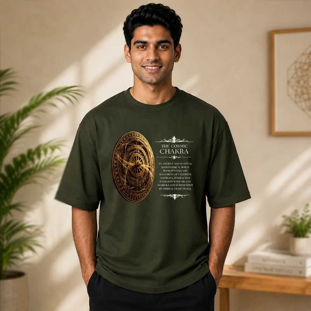 Men's Oversized Graphic T-Shirt - The Cosmic Chakra Mystical Print, 240 GSM Pure Cotton, Bio-Washed
