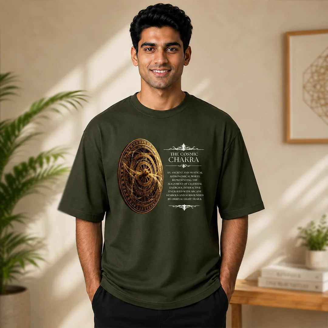 Men's Oversized Graphic T-Shirt - The Cosmic Chakra Mystical Print, 240 GSM Pure Cotton, Bio-Washed