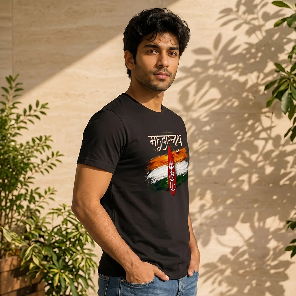 Men's Pure Cotton Regular Fit Kedarnath Tricolor Printed T-Shirt | 180 GSM Bio-Washed Spiritual Graphic Tee