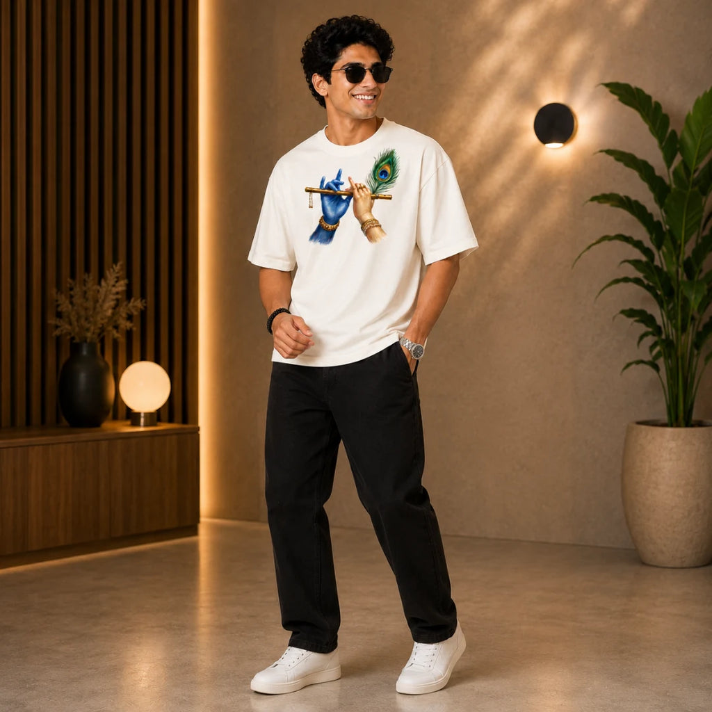 Excello Men's Divine Krishna Flute Graphic Oversized T-Shirt - 240 GSM Pure Cotton, Bio-Washed