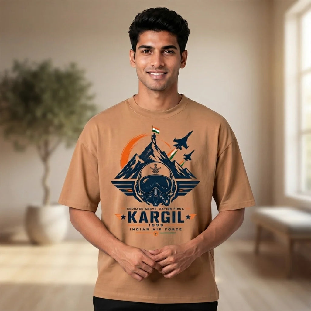 Men's Oversized Graphic T-Shirt - Kargil 1999 Indian Air Force Tribute, 240 GSM Pure Cotton, Bio-Washed