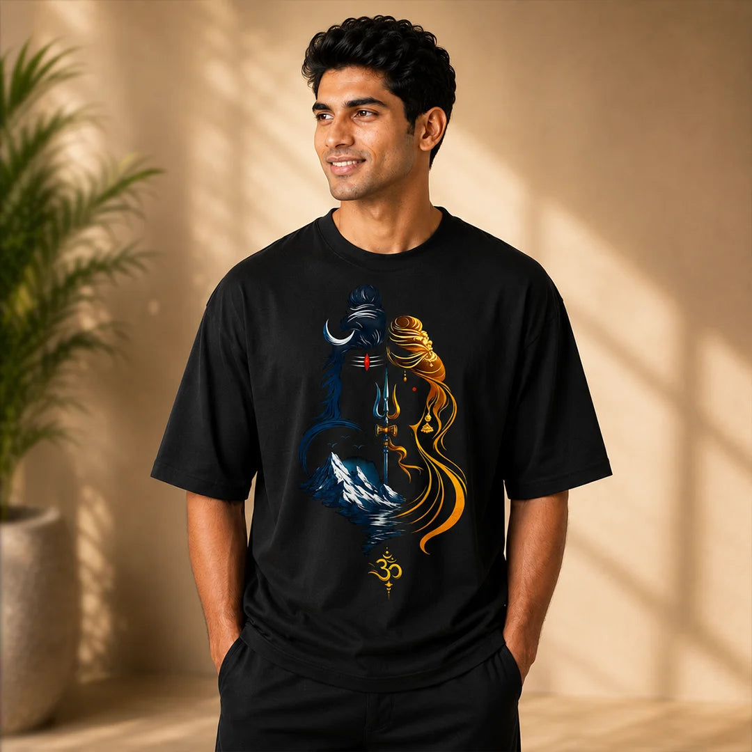 Men's Divine Ardhanareshvara Oversized Graphic T-Shirt - 240 GSM Pure Cotton, Bio-Washed