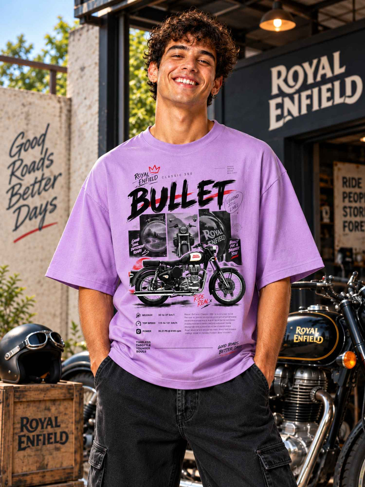 Excello Men's Royal Enfield Bullet 350 Graphic Oversized T-Shirt | Lavender