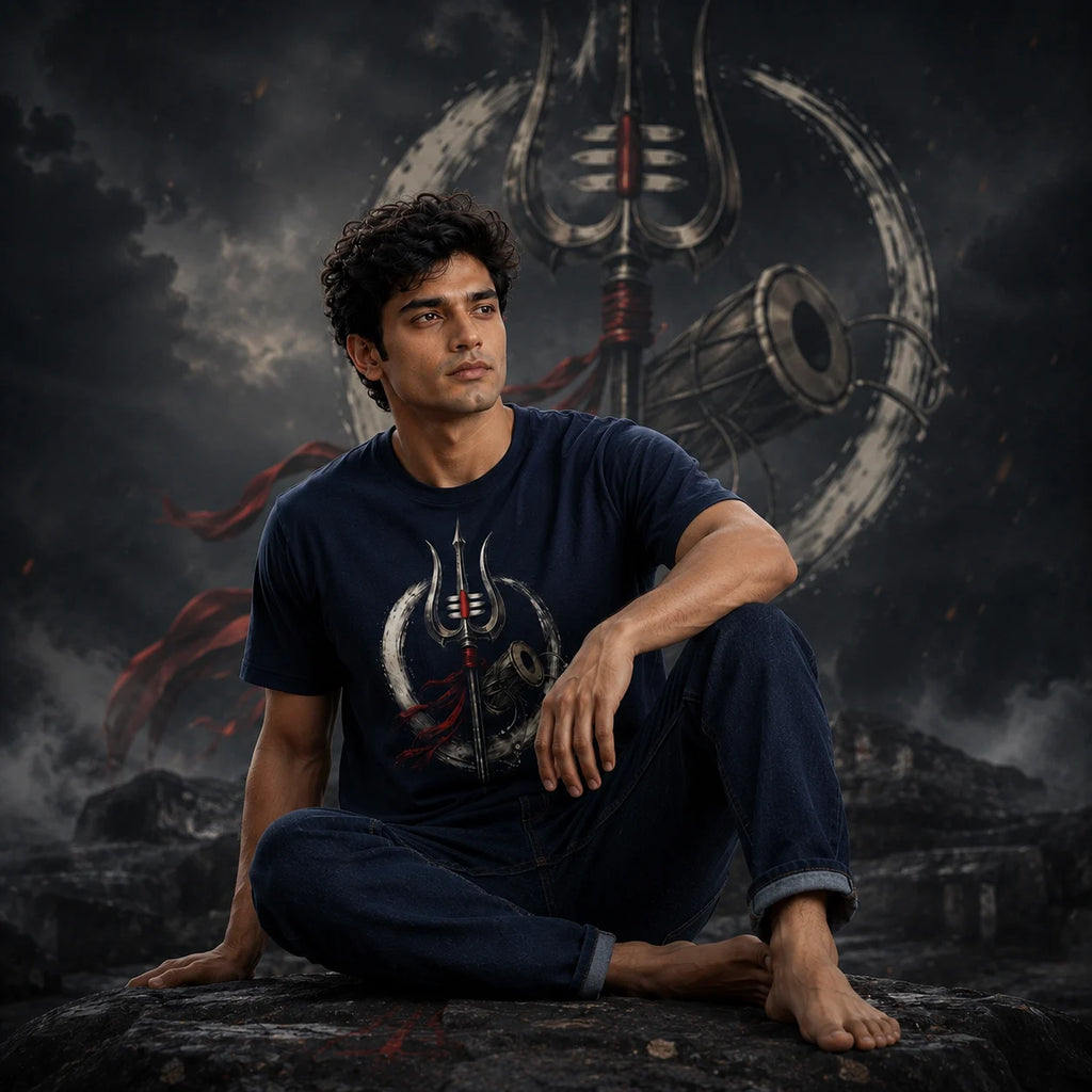 Men's Pure Cotton Regular Fit Mahadev Trishul Damru Graphic T-Shirt | 180 GSM Bio-Washed Spiritual Casual Tee