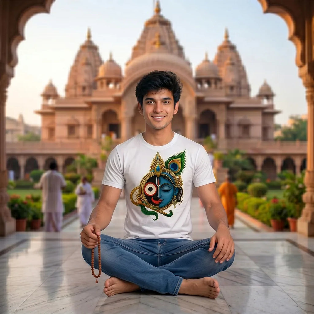 Men's Pure Cotton Lord Jagannath & Sri Krishna Fusion Graphic Printed T-Shirt