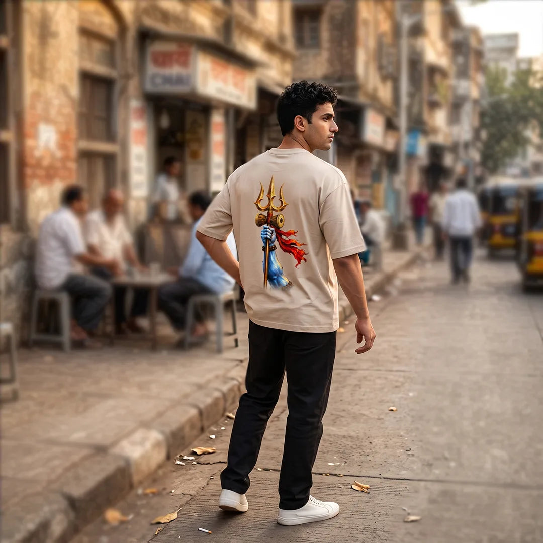 Men's Pure Cotton Oversized Printed T-Shirt | Lord Shiva Mahadev Trishul Graphic Print Drop Shoulder Loose Fit Crew Neck Tee