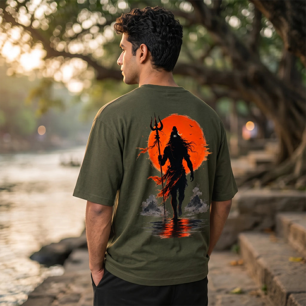 Lord Shiva Mahakal Graphic Printed Oversized T-Shirt | Premium 240 GSM Pure Cotton Breathable Dual-Print Devotional Tee