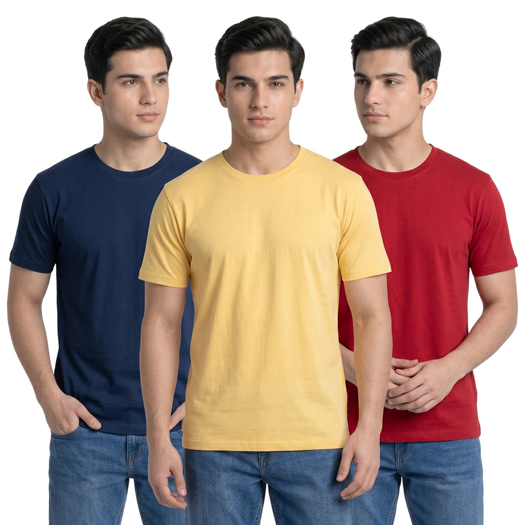 Premium Men’s Round Neck Pure Cotton T-Shirt Combo – 180 GSM Biowashed Regular Fit Half Sleeve Tees (Pack of 3)