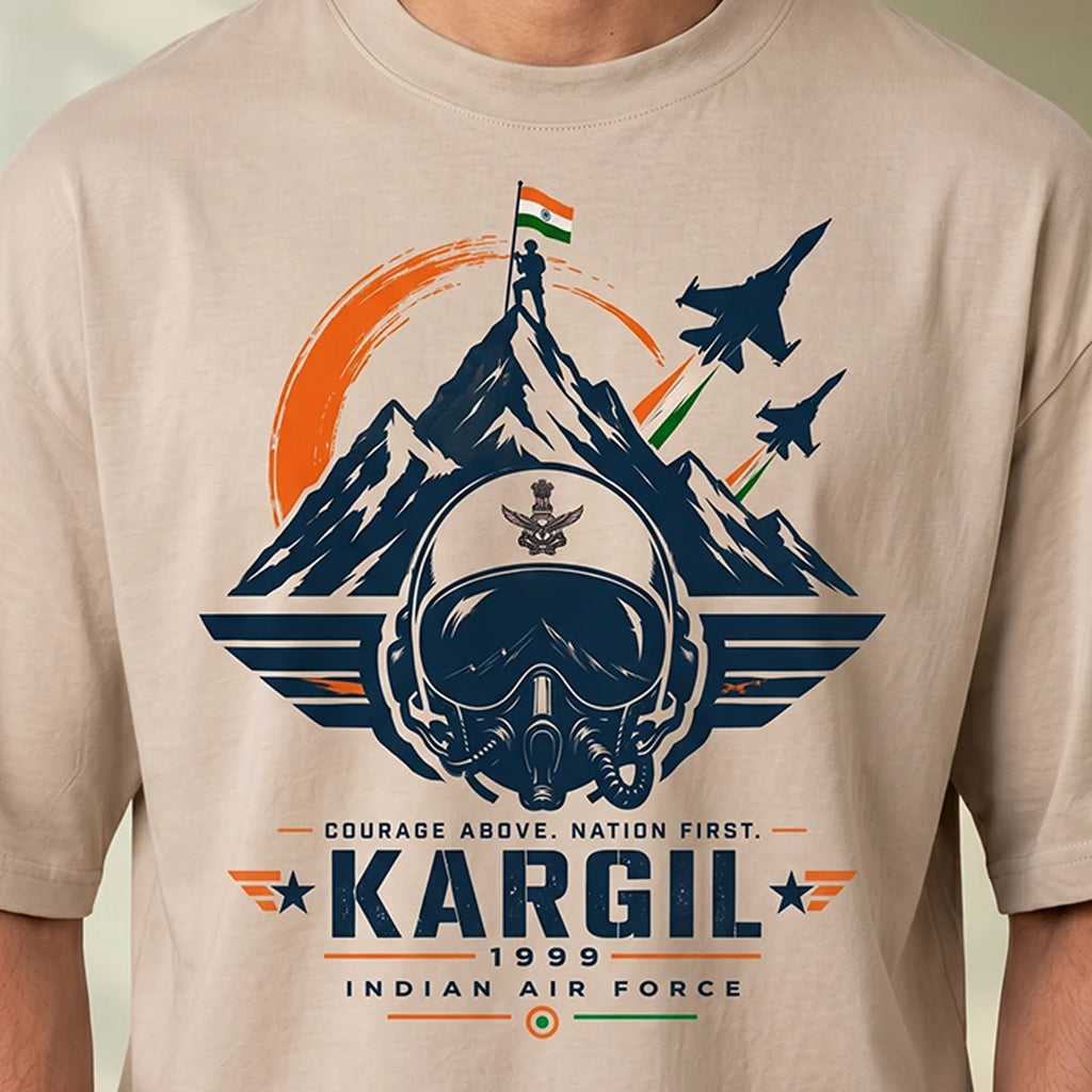 Men's Oversized Graphic T-Shirt - Kargil 1999 Indian Air Force Tribute, 240 GSM Pure Cotton, Bio-Washed