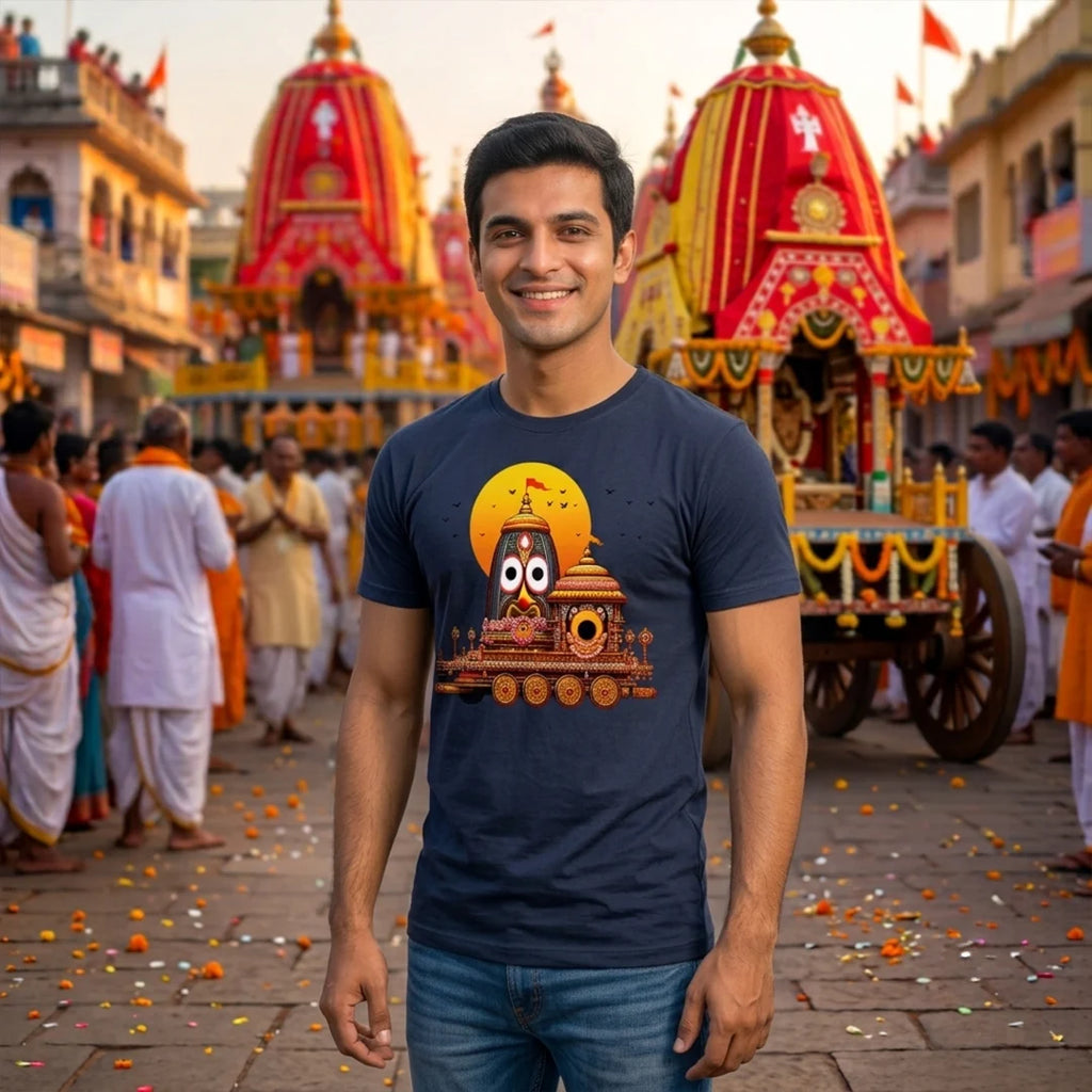 Premium Men's Pure Cotton Lord Jagannath Face & Rath Yatra Chariot Graphic T-Shirt