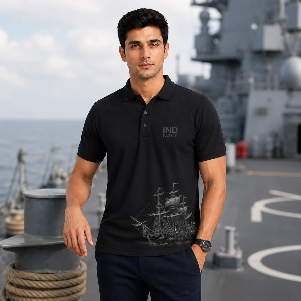 Excello Premium Indian Navy Tribute Polo T-Shirt | 210 GSM Nano Poly, Regular Fit