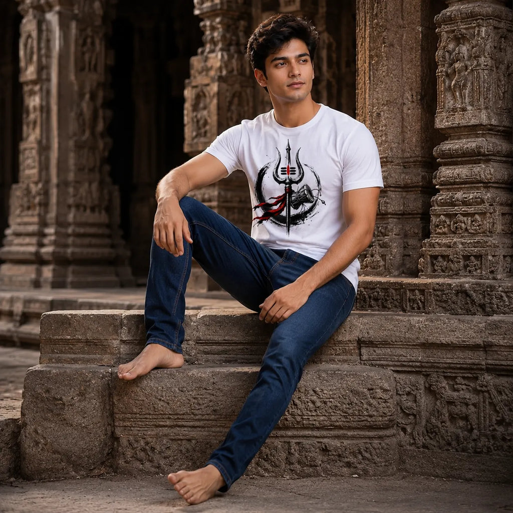 Men's Pure Cotton Regular Fit Mahadev Trishul Damru Graphic T-Shirt | 180 GSM Bio-Washed Spiritual Casual Tee