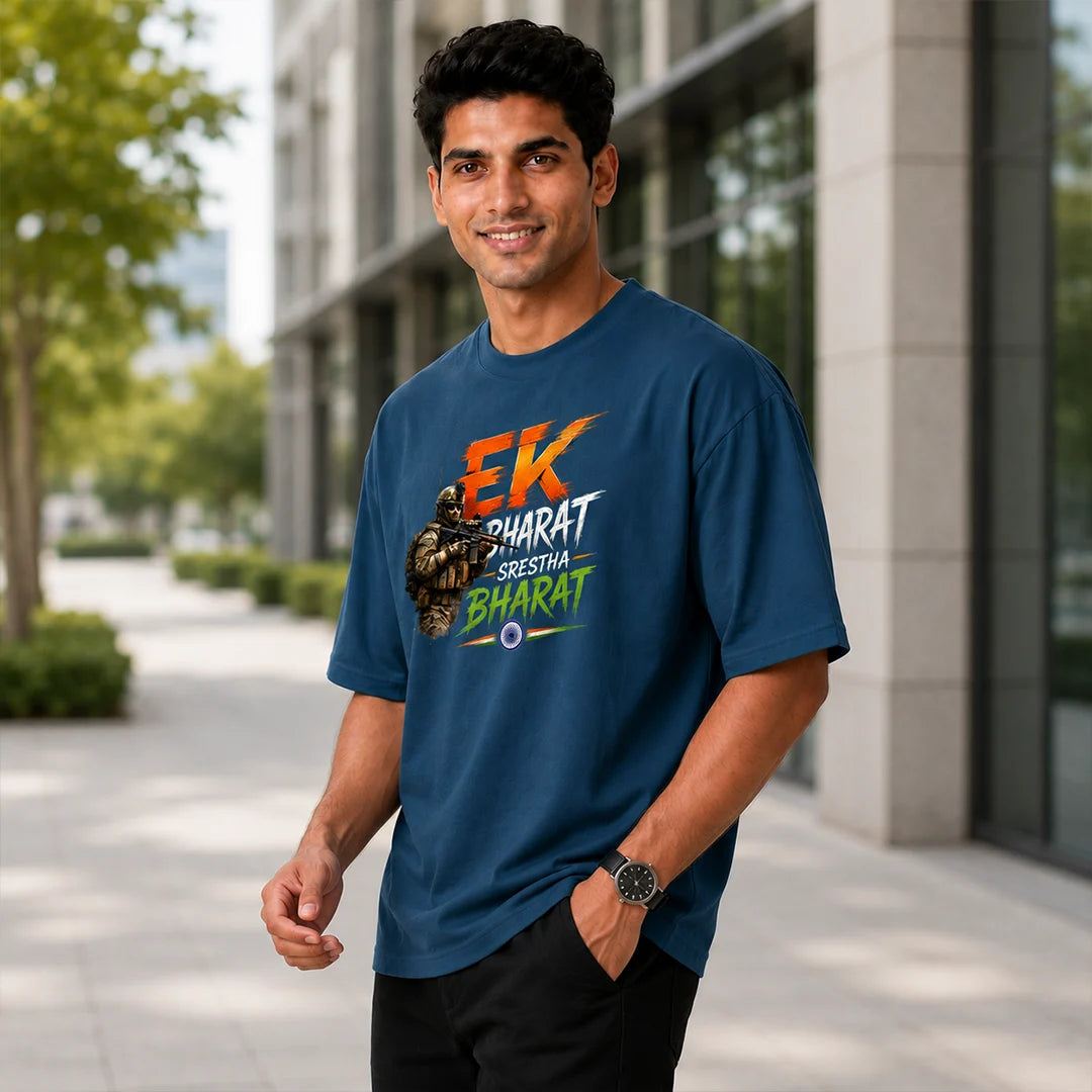 Men's "Ek Bharat Srestha Bharat" Oversized Graphic T-Shirt - 240 GSM Pure Cotton, Bio-Washed