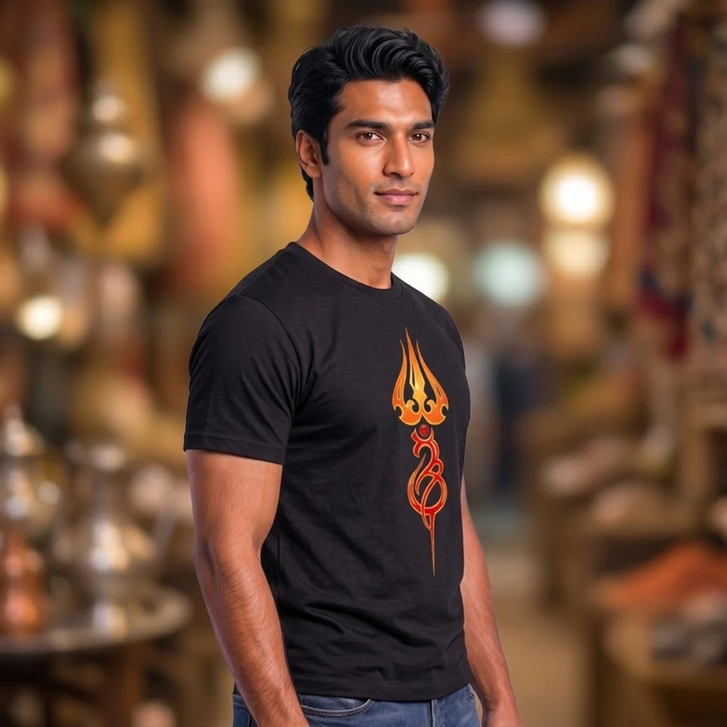 Men's Pure Cotton Regular Fit Mahadev Trishul Om Printed T-Shirt | 180 GSM Bio-Washed Spiritual Graphic Tee