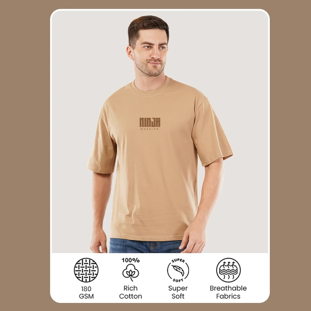 Men’s Ninja Warrior Graphic Oversized T-Shirt – Beige
