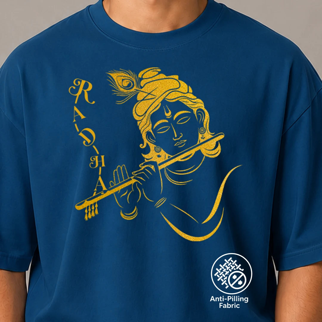Excello Men's Radha Krishna Line Art Graphic Oversized T-Shirt - 240 GSM Pure Cotton, Bio-Washed
