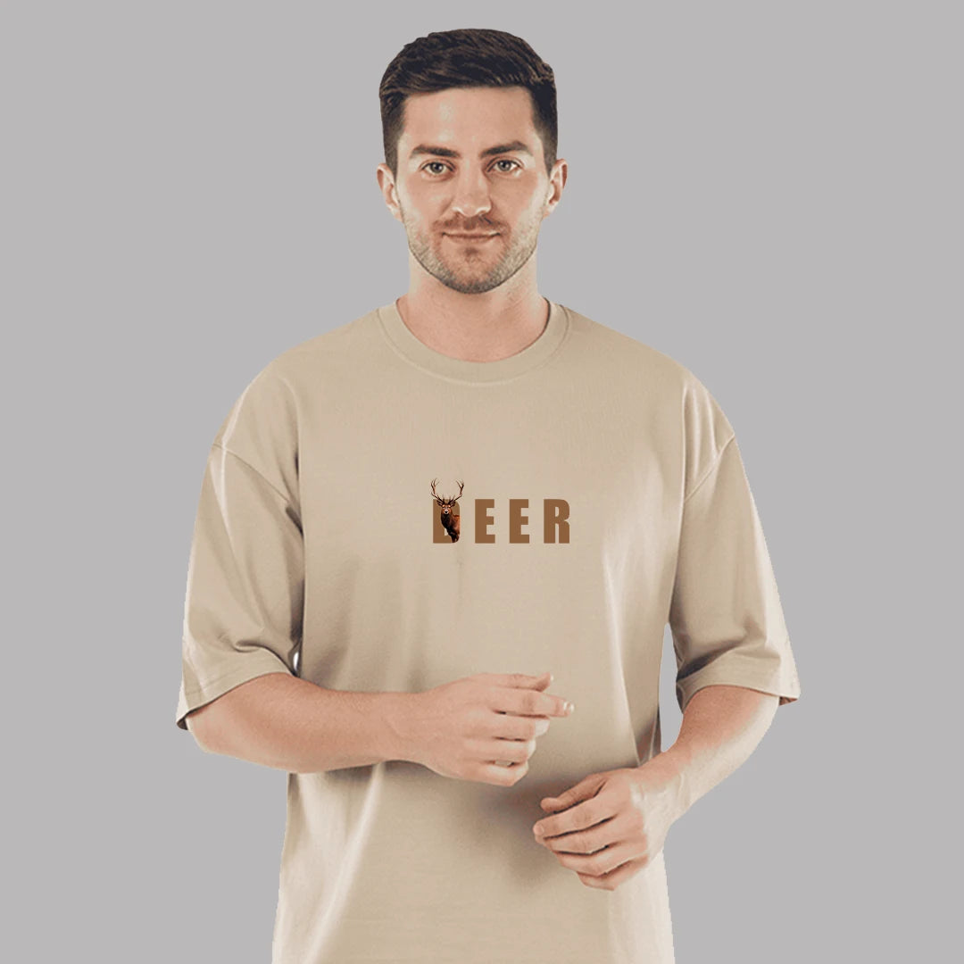 Men's Premium Cement Grey Oversized T-Shirt | 100% Rich Cotton | Wildlife Deer Graphic Print Streetwear Tee
