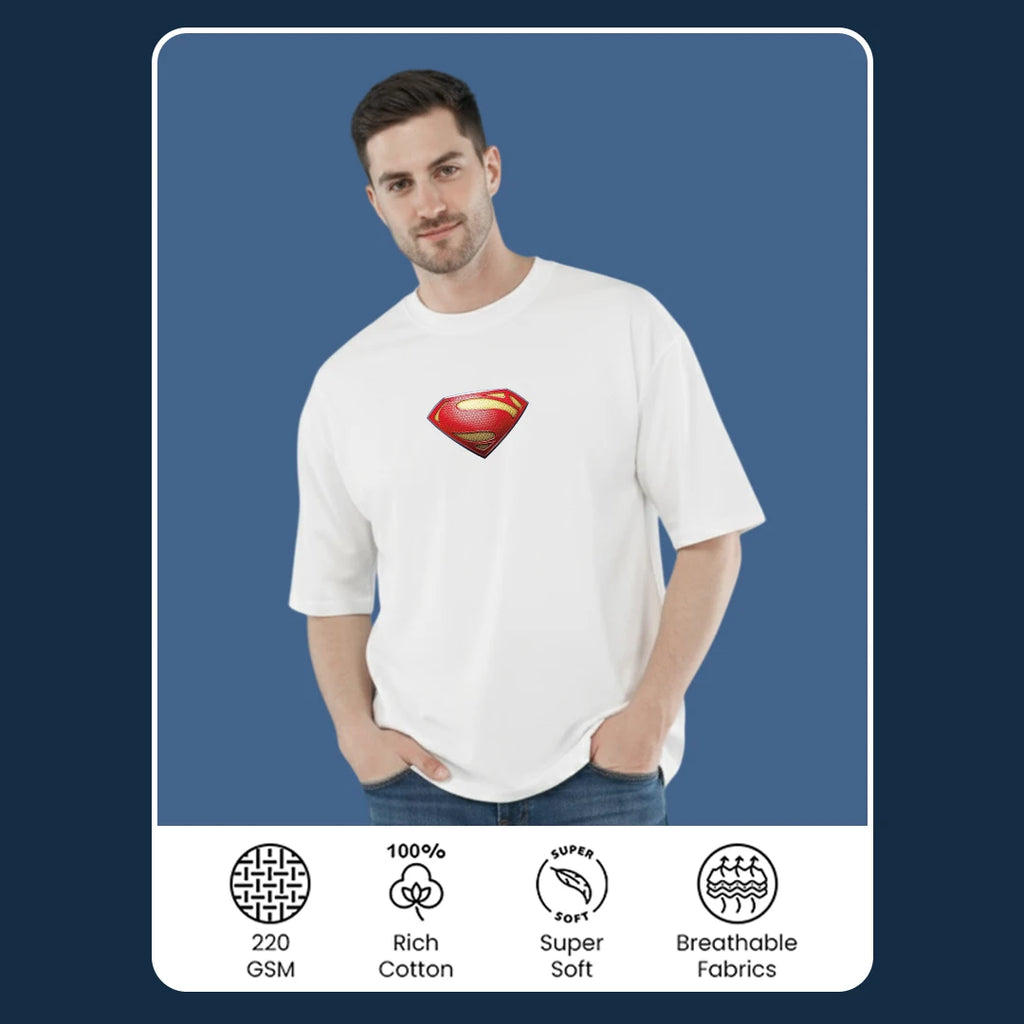 Superman Men’s Off  White Oversized T-Shirt – 100% Cotton, 220 GSM Heavyweight Streetwear Tee with Front Logo & Back Graphic