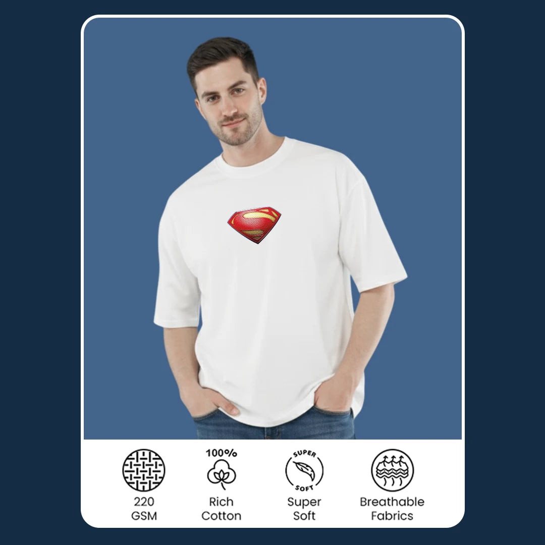 Superman Men’s Off  White Oversized T-Shirt – 100% Cotton, 220 GSM Heavyweight Streetwear Tee with Front Logo & Back Graphic